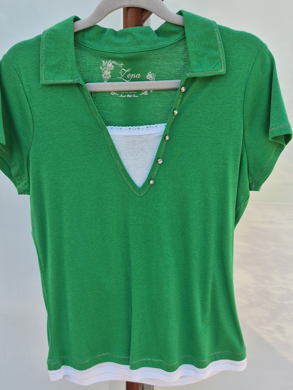 Zena Emerald Green V-Neck Short Sleeve Polo Top with Button Trim Size PL